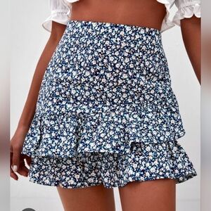 Blue Floral Ruffle Tiered Mini Skirt